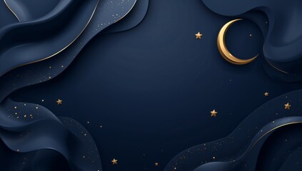Elegant dark blue papercut background featuring a shimmering gold crescent moon and scattered stars creating a celestial night scene.