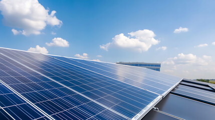 Harnessing the sun's power with an array of photovoltaic panels under a bright blue sky dotted with fluffy white clouds, a renewable energy solution for a sustainable future.