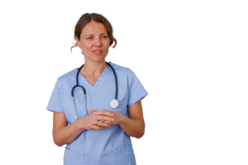 Healthcare professional standing, wearing scrubs and stethoscope, providing medical advice and support, transparent background