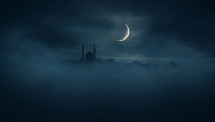 Ethereal crescent moon illuminates a mystical dark cityscape silhouette shrouded completely in dense nocturnal fog and low clouds