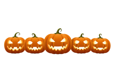 Five orange jack-o'-lanterns with white carved spooky faces, varied expressions, arranged as a horizontal border on a transparent background with copy space above, modern halloween banner concept