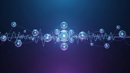 Futuristic digital network with glowing interconnected geometric shapes and data waves
