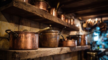Assortment of Hand-Hammered Copper Cookware Pots and Pans Arranged on Rustic Wooden Shelves