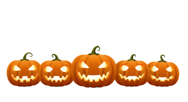 Five orange jack-o'-lanterns with white carved spooky faces, varied expressions, arranged as a horizontal border on a transparent background with copy space above, modern halloween banner concept - Powered by Adobe