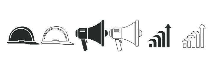 A set of icons representing construction business growth with hard hats and megaphones