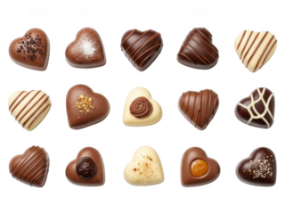 Assorted chocolate hearts isolated on transparent background