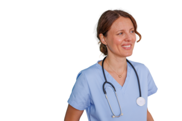 Smiling female doctor or nurse wearing stethoscope and blue scrubs, looking to the side, transparent background