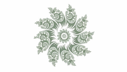 Abstract fractal floral pattern with swirling green elements on a white background