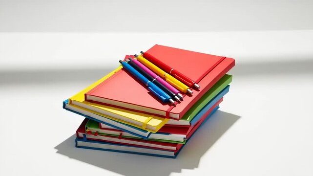 Colorful stationery stack with pens on a white surface
