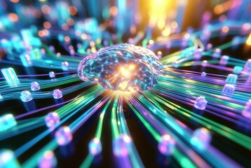 Neural Energy Concept with Glowing Digital Brain and Light Rays technology