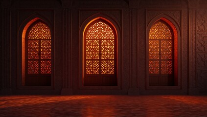 Ancient ornate architectural interior features three dramatic archways casting warm glowing light across the textured floor surface
