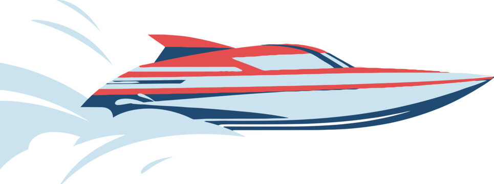 Sleek red and blue speedboat vector illustration with a sharp aerodynamic design. High-speed maritime graphic featuring dynamic water spray, perfect for modern boat racing and luxury nautical branding