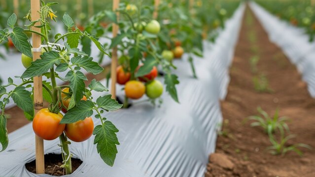 Fresh tomatoes ripening on the vine in a modern farm, featuring organized plastic mulch and lush green foliage under soft, natural daylight for a healthy harvest.
