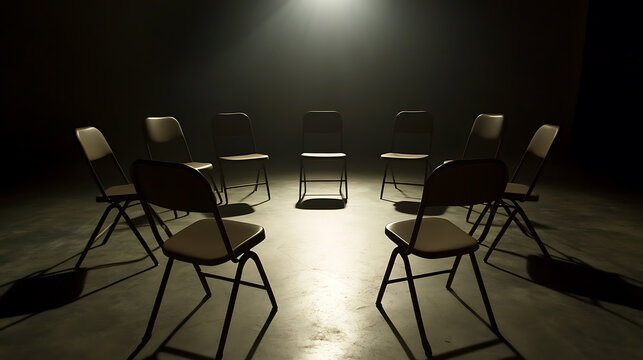 Chairs form a circle under a spotlight, creating a scene of anticipation or introspection. Empty seats wait, symbolizing stories yet to be shared in the dim setting.