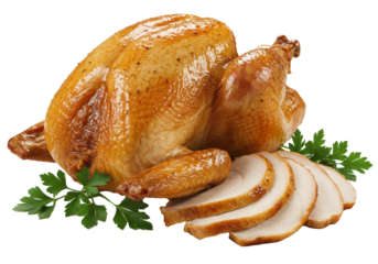 Perfectly roasted turkey, glistening golden skin, moist, fanned white breast slices, garnished parsley, on white background, copy space Concept for delicious meal preparation
