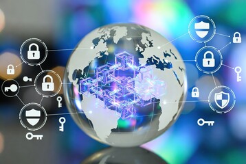 Global Blockchain Technology Concept with Glass Globe and Cubes technology
