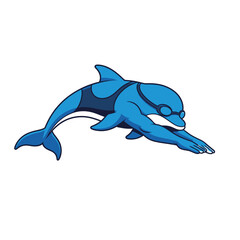 Fototapeta premium Cartoon dolphin character wearing a swimsuit and goggles, poised for a swim race