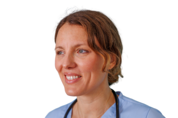 Female practitioner smiling in blue scrubs, working in healthcare, offering professional care, transparent background