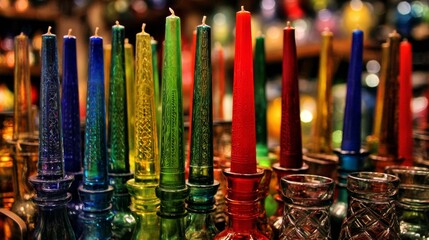 A vibrant assortment of decorative taper candles in various colors displayed for ambiance