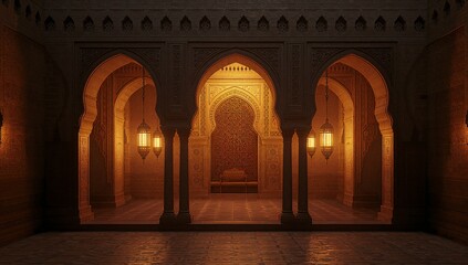 Ornate Islamic architecture interior featuring three detailed archways illuminated by glowing hanging lanterns creates a majestic scene