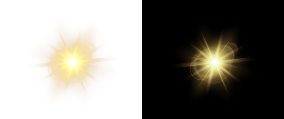 Shimmering light effect with sparks, flashes, and rays, isolated on a transparent background. Bright sunlight shimmers with a vibrant glow and soft blur. Vector illustrations and visual effects.