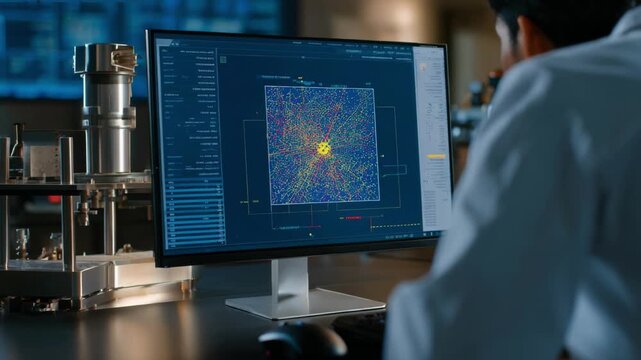Medium shot of a neural network visualization on a computer screen predicting manufacturing defects with a focused engineer adjusting parameters.