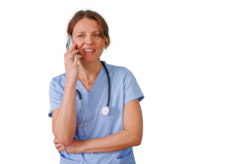Female healthcare professional in scrubs and stethoscope talking on a cell phone, communicating, transparent background