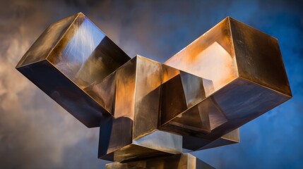 Abstract arrangement of polished titanium geometric forms with metallic luster and copper tones