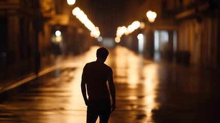 A man stands alone on a rainy street, illuminated by streetlights that create an atmosphere of solitude and urban life. The wet pavement reflects the lights.