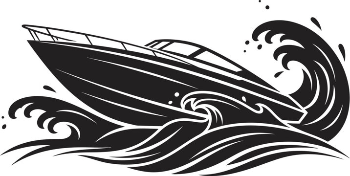 Minimalist black silhouette of a luxury motor yacht riding a large stylized ocean wave. Dynamic nautical vector illustration ideal for maritime logos, summer travel branding, and boat rental icons.
