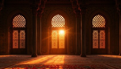 Obraz premium Majestic interior of an ornate mosque hall illuminated by brilliant sun rays streaming through intricately designed arched windows
