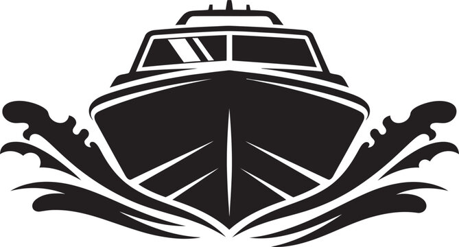 Bold front-view vector of a motor yacht silhouette crashing through waves. Minimalist black and white nautical icon perfect for luxury boating logos, maritime racing, and summer vacation branding.