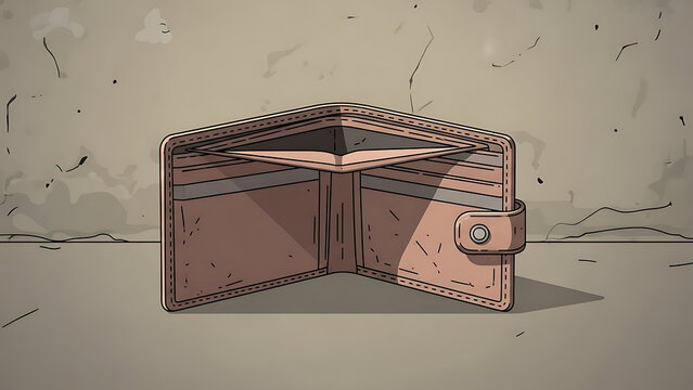 An open, empty brown leather wallet lies on a plain surface, symbolizing financial emptiness and lack of money.