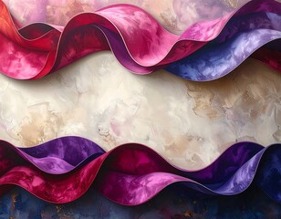 Abstract illustration with layered, flowing ribbons of pinks, purples, and blues