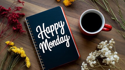 a flat lay composition featuring a dark blue notebook with happy monday text a red mug of coffee and colorful flowers on wood