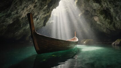 Ancient wooden boat floating in a mystical cave with sunbeams piercing the darkness.