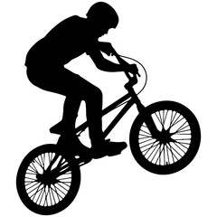 Obraz premium Silhouette of a person riding aBMX bike performing a trick on white background
