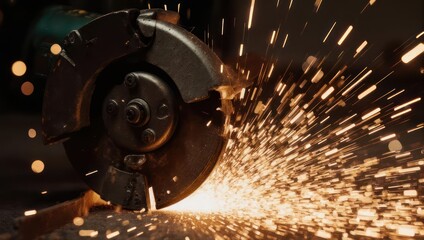 Angle grinder cutting metal with sparks flying in dark workshop.