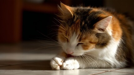 Close-up of a calico cat meticulously cleaning its paws after a meal, showcasing its delicate grooming habits