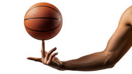Mans arm spinning a basketball on his fingertip isolated on transparent background
