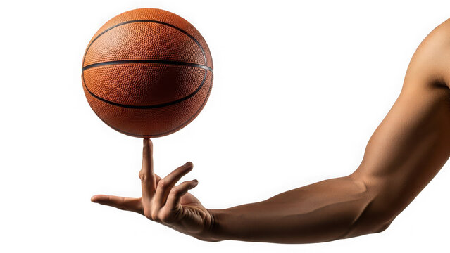 Mans arm spinning a basketball on his fingertip isolated on transparent background