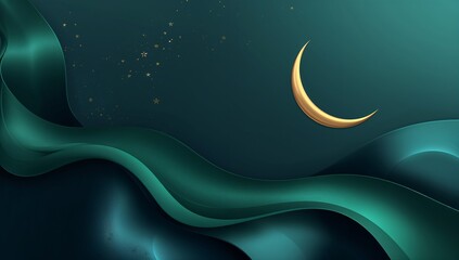 Elegant golden crescent moon floats above deep teal flowing fabric waves under a starry night sky background