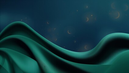 Abstract scene featuring deep teal flowing drapery waves against a dark night sky illuminated by glowing crescent moons