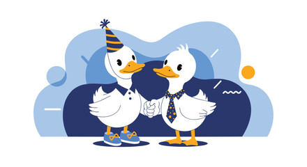 Naklejka premium Friendly illustration of two cute white ducks shaking hands with one wearing a striped party hat and the other a tie.