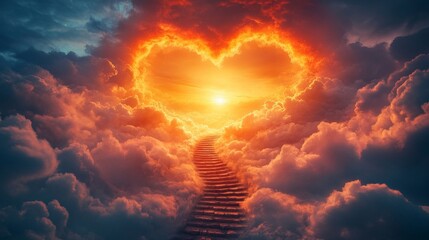 Dramatic clouds form a luminous passageway with a stairway to the sun, symbolising hope — an expressive backdrop for motivational posters or spiritual events.