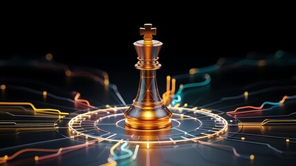 a dramatic depiction of a golden chess king piece illuminated against a dark backdrop with vibrant swirling light streaks and a circular base