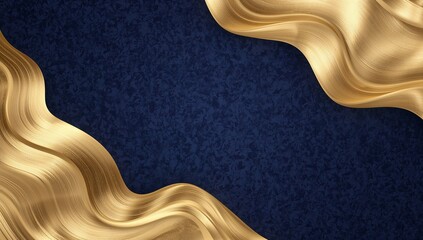 Elegant abstract background featuring rich wavy golden ribbons framing a deep textured navy blue background space for text.