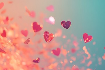 Obraz premium Aesthetic pink and red heart-shaped confetti scattered over a pastel background with soft lighting 