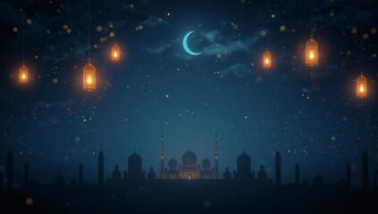 Silhouette of a grand mosque rests beneath a crescent moon illuminating hanging ornate lanterns during a magical starry night.