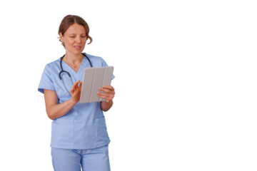 Female healthcare professional consulting patient data on a digital tablet, demonstrating medical technology and innovation